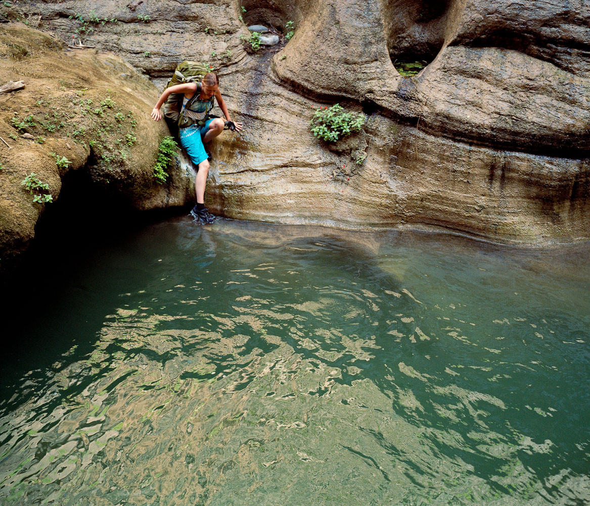 Emily Ayres about to swim in the Narrows, Zion National Park, Utah